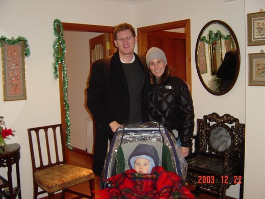 Boy, it was cold in Scotland, and little Alex had to be all bundled up to stay warm. Here's Alex and his parents before a Crunchie hunting expedition.