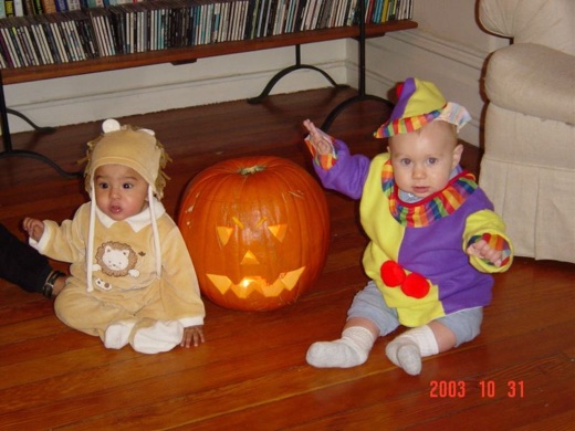 Here's Alex and his little pal Rayna psyching themselves for their big night out on Halloween. Daddy got to play Ben Hur with all the other strollers on 24th Street.